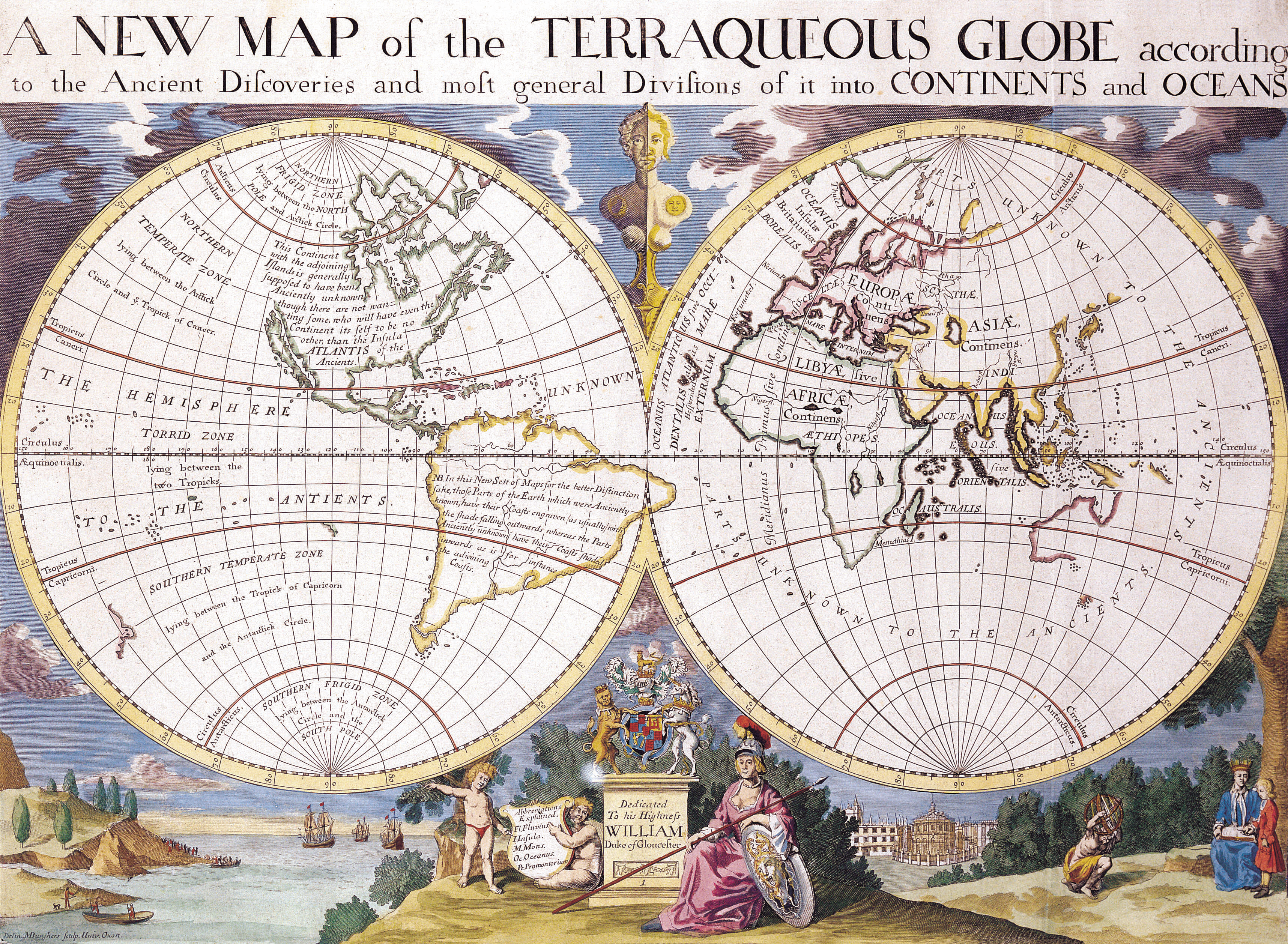 This meme is an image of an old world map, specifically the 1700s-era "A New Map of the Terraqueous Globe" by John Senex. The image features two large globes, one showing the Eastern Hemisphere and the other showing the Western Hemisphere. The text at the top of the image reads "A New Map of the Terraqueous Globe according to the Ancient Discoveries and most general Divisions of it into Continents and Oceans".
